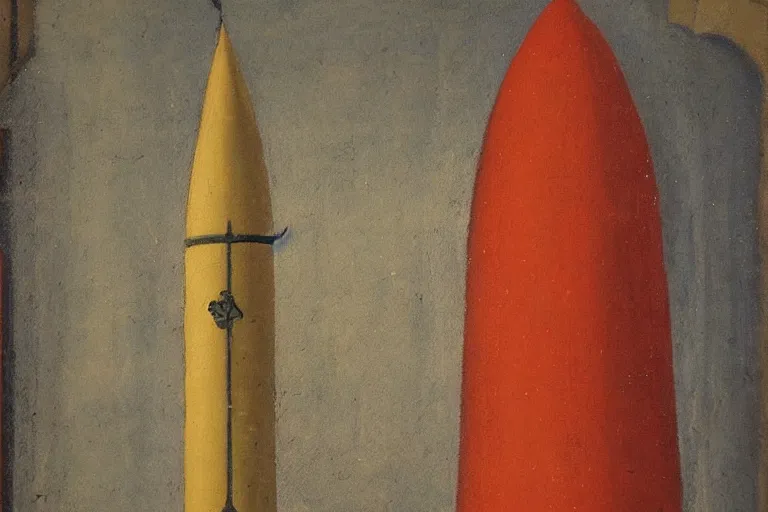 Prompt: medieval elegant painting of a icbm missile, oil painting