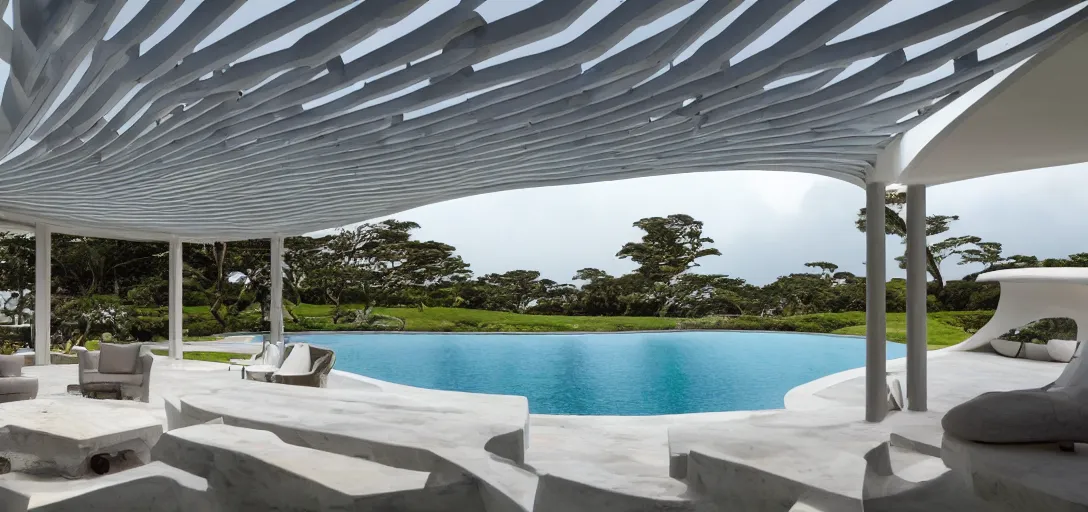 Prompt: curved roof planes lift and descend creating shade and architectural expression, highly detailed, beach house, marble, vivid color, high resolution photography, mist, luxury house