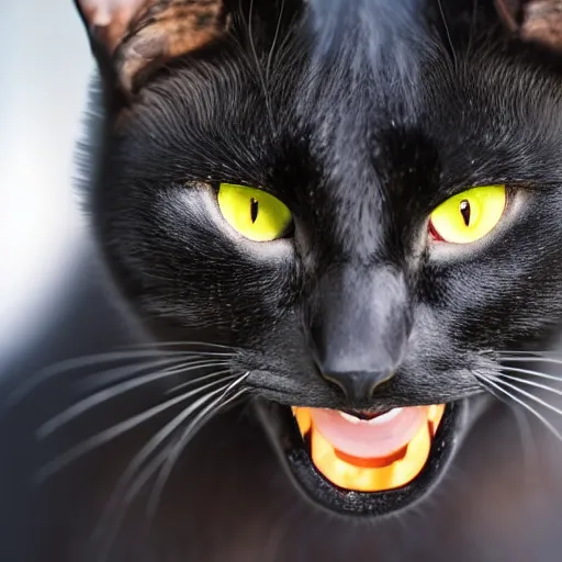 Image similar to black cat with big yellow eyes gazing at the camera with open mouth, 4 k, blurred background, uncanny