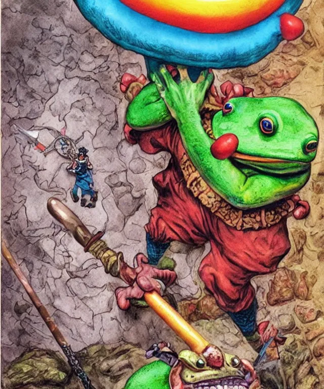 Image similar to clown frog king pulls the sword from the stone, clown frog king wearing clown makeup and rainbow wig, clown crown artwork by Glenn Fabry