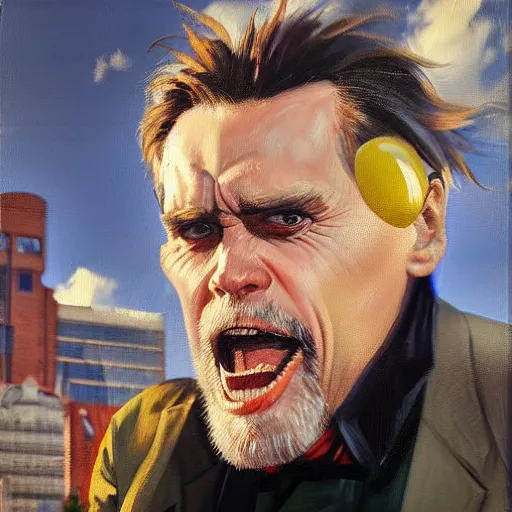 Prompt: greg manchess portrait painting of jim carrey playing role of doctor ivo robotnik, medium shot, asymmetrical, profile picture, organic painting, sunny day, matte painting, bold shapes, hard edges, street art, trending on artstation, by huang guangjian and gil elvgren and sachin teng