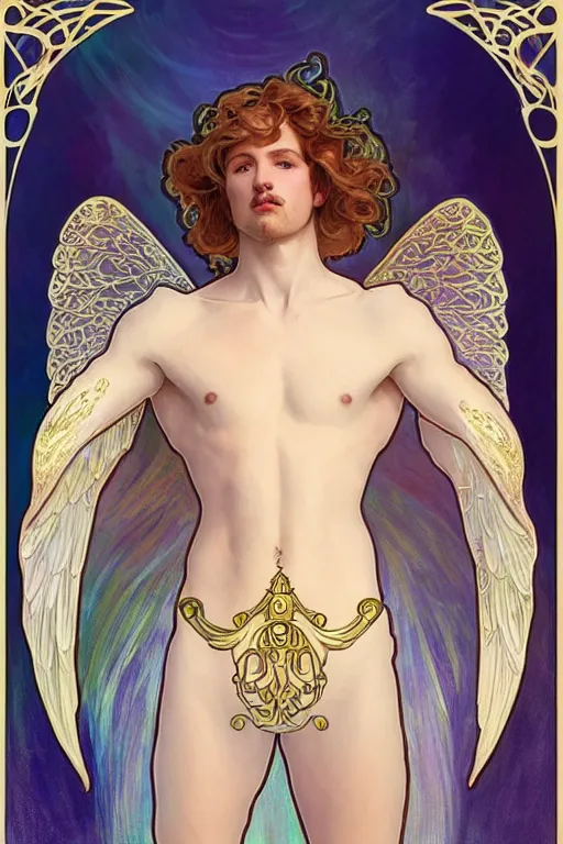 Image similar to full figure art nouveau portrait of a beautiful young fit male angel with curly blond hairs, dressed with fluent clothes, majestic wings, luminous halo, by alfons mucha, d & d character, gradient white to gold, in front of an iridescent background, highly detailed portrait, digital painting, artstation, concept art, smooth, sharp focus, illustration, artstation hq