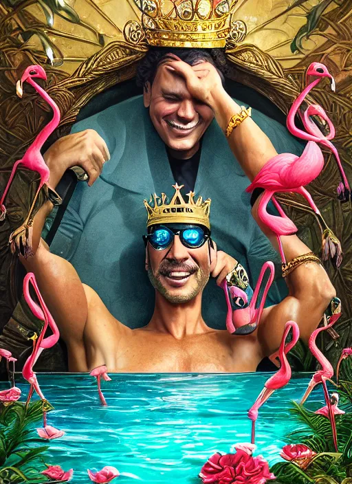 Prompt: athletic Atlantean king Julio Iglesias grinning and wearing cholo sunglasses and a heavy bejeweled gold crown reclining poolside with a beautiful flamingo, steelpunk, ghibli studio, nekro, Tom Bagshaw, Craig Mullins, octane 8k, by brian froud, Trending on ArtStation