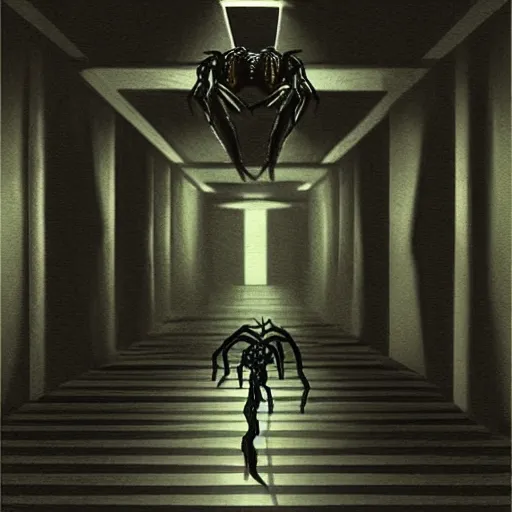 Prompt: “Concept art, creepy spider monster creeping down a dark futuristic hallway, highly detailed”