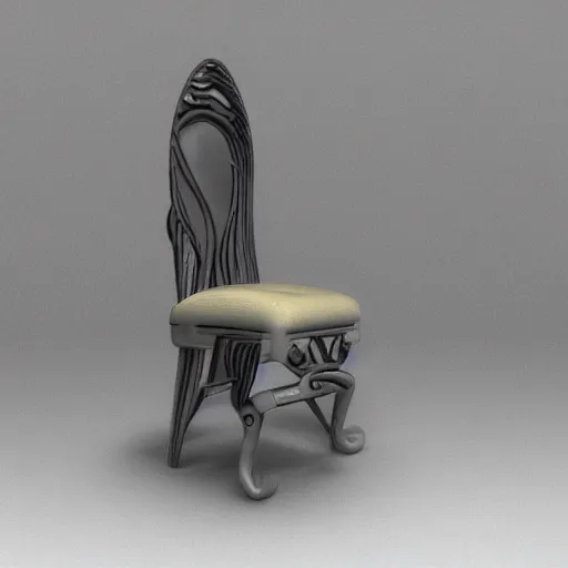 Image similar to photoreal render a chair in the style of H.R. GIger