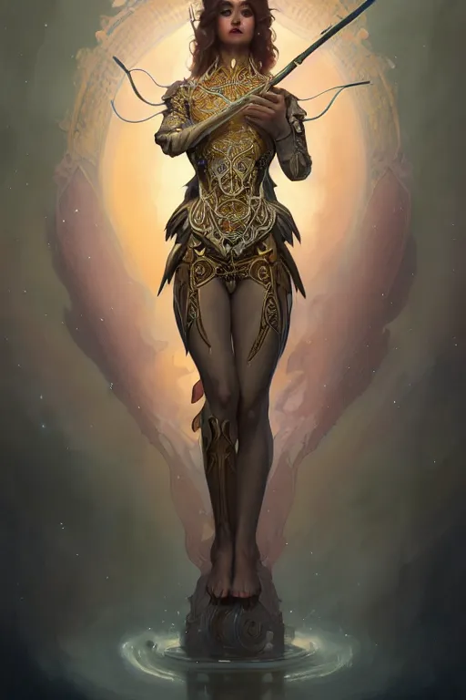 Image similar to a full body portrait of mixed angel and art nouveau automaton, holding glowing spear of justice, fantasy, sharp focus, intricate, elegant, digital painting, artstation, matte, highly detailed, concept art, illustration, ambient lighting, art by peter mohrbacher, johannes voss, jingna zhang