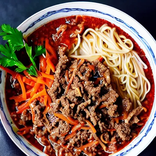 Prompt: a bowl of noodles with mixed beef sauce