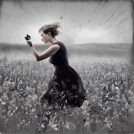 Prompt: longshot view realistic photograph of a woman with heavy makeup who is wearing a floral sleeveless sundress and holding a suitcase while running through a field, raytracing reflections, 8 k, hyperrealistic, insanely detailed, hdr, octane render, uhd, tintype, deckle edge, motion blur, expired black and white film, by francesca woodman