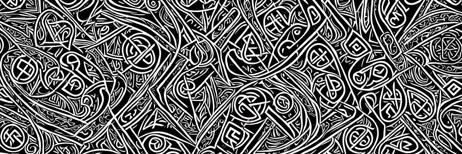 Image similar to intricate design pattern for biker symbols and runes tattoos, white lines on black background