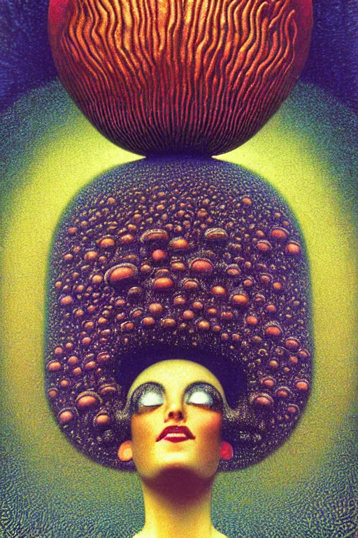 Image similar to art deco close up portait of mushroom head with big mouth surrounded by spheres, rain like a dream digital render curvalinear clothing cinematic dramatic fluid lines otherworldly vaporwave interesting details epic composition by artgerm moebius francis bacon gustav klimt