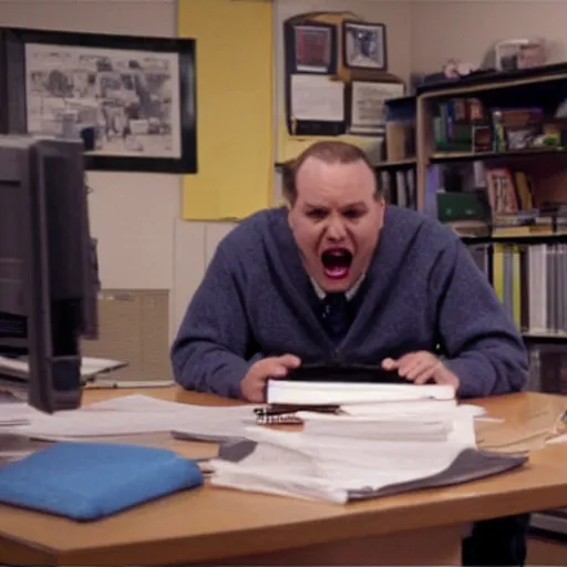 Prompt: A photograph of Principal Simpson from Degrassi, screaming at his desk, 2011, Mr. Simpson, Snake, Stefan Brogren, Degrassi The Next Generation