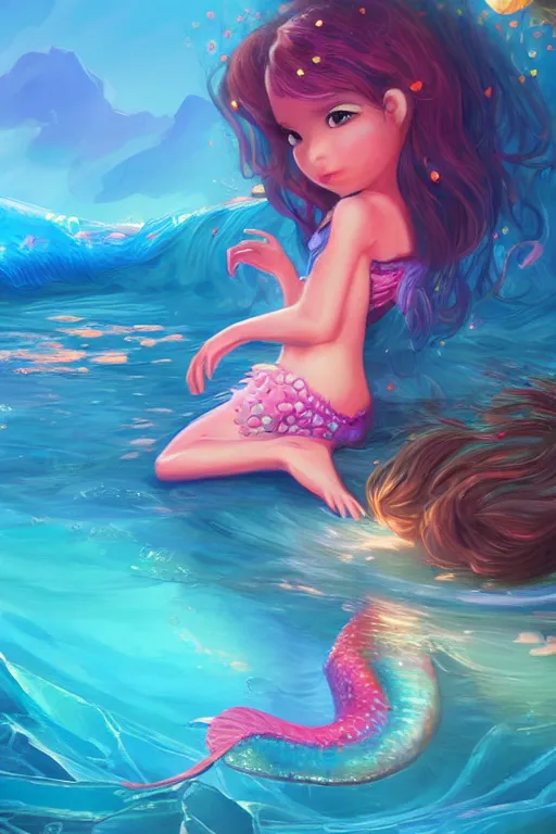 Image similar to cute cartoon childrens book illustrations of a mermaid, vivid colors, high details, cinematic, 8k resolution, beautiful detailed, photorealistic, digital painting, artstation, concept art, smooth, sharp focus, illustration, fantasy background, artstation trending, octane render, unreal engine