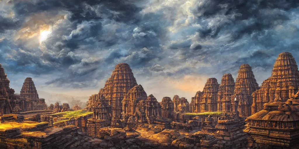 Image similar to fantasy oil painting, mega structure city, kailasa temple, ellora, angkor wat, hybrid, looming, small buildings, warm lighting, street view, silhouetted figure standing overlooking, space port city, epic, distant mountains, bright clouds, luminous sky, cinematic lighting, michael cheval, david palladini, artstation, oil painting, natural tpose