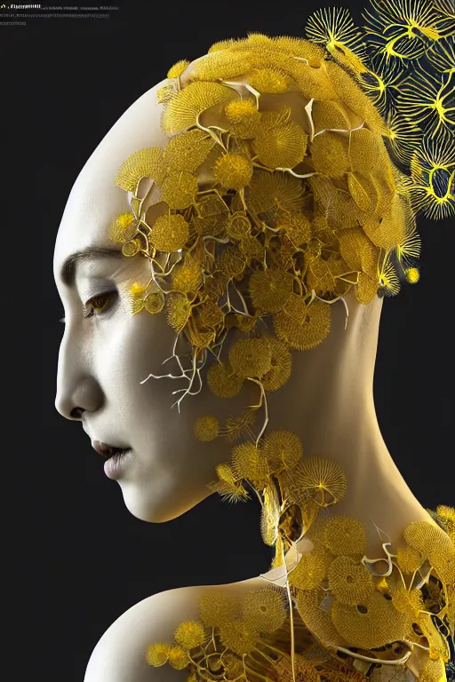 Image similar to intricate hyper detailed ultra sharp 3 d render of a beautiful porcelain biomechanical woman profile portrait, large pore fungi embroidered, cyberpunk art nouveau, haute couture leaves stems blooming dahlia transparent fractal dandelion yellow pistil filigree roots, intricate details, octane render, volumetric cinematic lighting, vray tracing, 8 k post - production