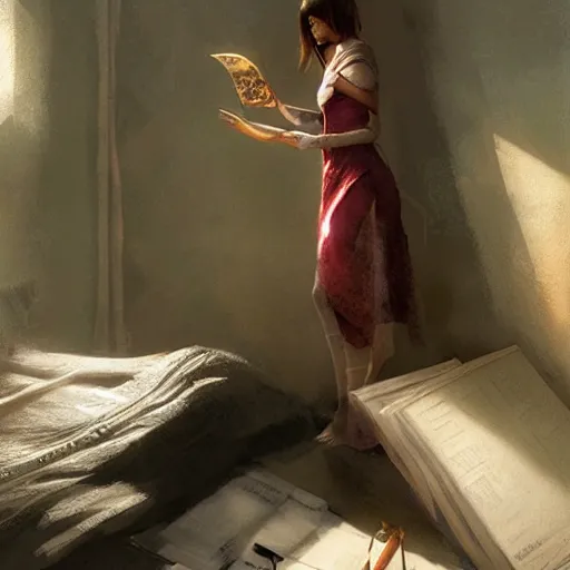 Image similar to A young female wizard, surprising herself by accidentally casting her first spell while practicing in bed, fantasy art by Greg Rutkowski