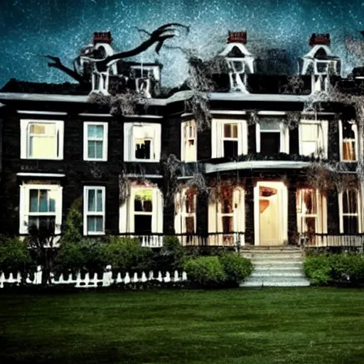 Image similar to a haunted house realistic with ghosts swooshing across the front lawn