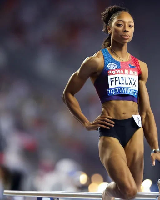 Image similar to allyson felix, at the 2 0 0 - meter starting line, olympic trials, sports photography in the style of neil leifer, bokeh