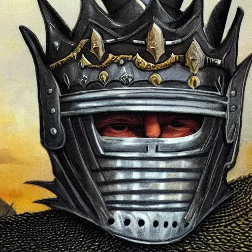 Image similar to knights armor, donald trump, crown!!!!!!, donald trump's face, detailed face, painting of a knight, boots!!!!!!, medieval castle background, valiant, by hans thoma