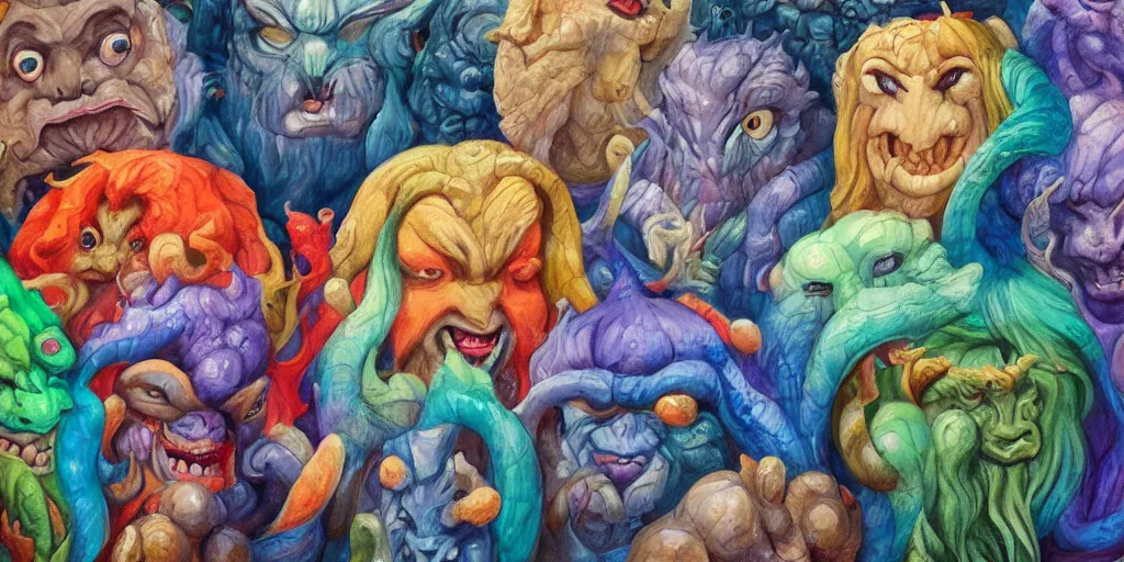 Prompt: portrait painting of a group of mythical monsters and beasts in a squishy style