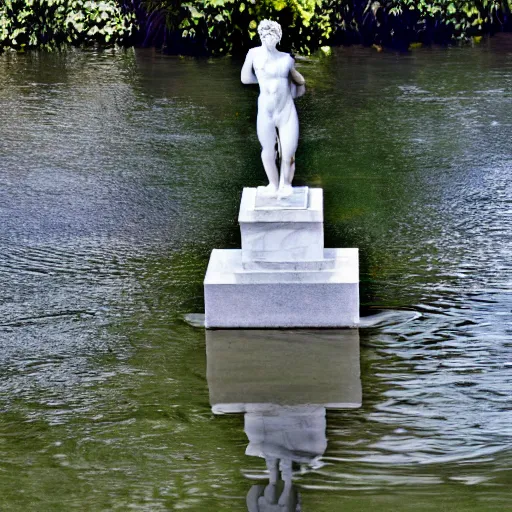 Prompt: A marble statue reflected in the water.