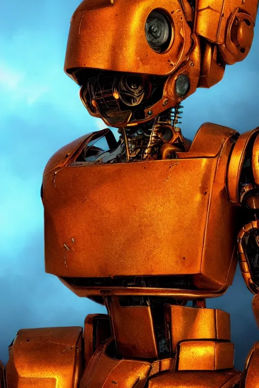 Image similar to a close-up portrait of a rusty and damaged robot, dramatic backlighting, golden hour, autochrome, high contrast, highly detailed, sharp focus, digital painting, concept art, illustration, rock, chiaroscuro, trending on artstation, art by lou romano and Steven Stahlberg