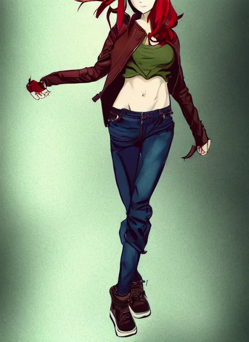 Prompt: full-body shot of an attractive tomboy girl in a fighting stance with long, crimson red hair and red eyes, wearing a brown, open jacket and green jeans with a stern look, midriff, concept art, character design, by WLOP, by Ross Draws, by Tomine, by Satoshi Kon, by Rolf Armstrong