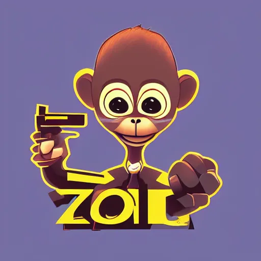 Image similar to “ logo of a monkey in the style of zootopia holding laser gun, with a black background, digital art, award winning, trending on art station, retro style ”