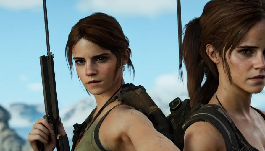 Prompt: emma watson as lara croft in the new videogame, 8 k screenshot closeup