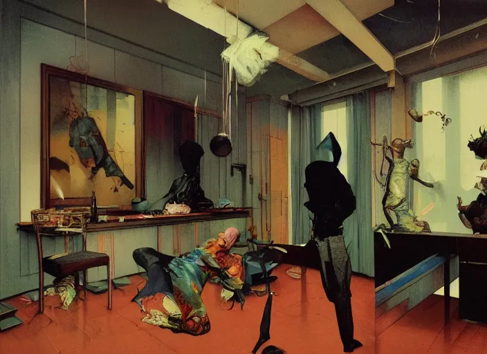 Prompt: a still from the tv series house by francis bacon, surreal forest, norman rockwell and james jean, greg hildebrandt, and mark brooks, triadic color scheme, by greg rutkowski, in the style of francis bacon and syd mead and edward hopper and norman rockwell and beksinski, dark surrealism, open ceiling