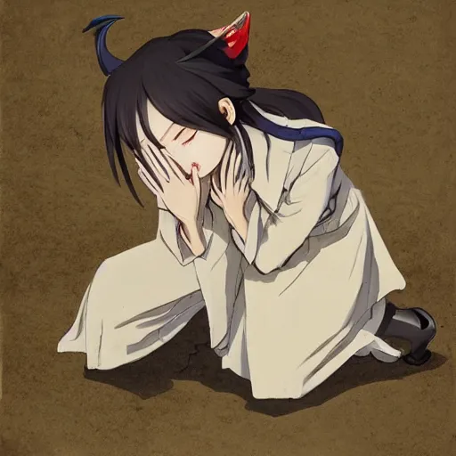 Prompt: cute japanese girl with small horns, sharp and pointy vampire teeth, dressed in an old white coat, praying on the floor of a destroyed church, with her eyes and mouth closed and an evil smile, full body, complex artwork by Takehito Harada