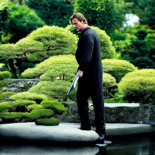 Image similar to Christopher Nolan movie shot of Christian Bale as Bruce Wane practicing sword fighting while standing on a stone in the middle of a small koi pond, Japanese bonsai plants