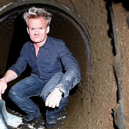 Prompt: Gordon Ramsey hiding in a sewer, creepy, grunge, IT