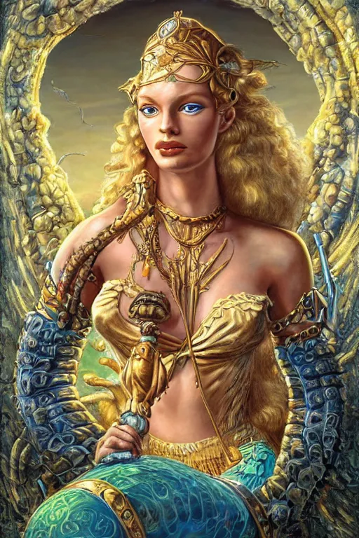 Image similar to Mystical Valkyrie, Portrait of a beautiful female Atlantean Reptilian Warrior, Realistic, Regal, Refined, Detailed Digital Art, Michael Cheval, Walt Disney (1937), François Boucher, Oil Painting, Steampunk, Josephine wall, Highly Detailed, Cinematic Lighting, Unreal Engine, 8k, HD