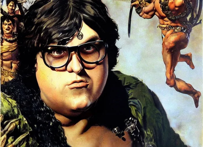 Prompt: a highly detailed beautiful portrait of andy milonakis as a barbarian, by frank frazetta, glasses
