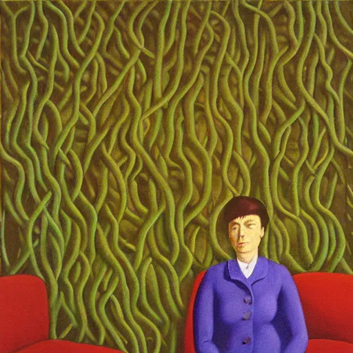 Prompt: portrait an artist in her apartment, wrapped in vines, black walls, puddles, moss, stone, acrylic on canvas, by magritte