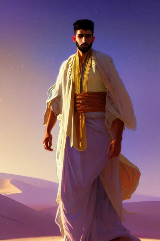 Prompt: full figure beautiful young fit arabic man, dressed with multicolored fluent clothes, luminous scene, by greg rutkowski and alphonse mucha, d & d character, gradient white to gold, in front of a dune desert background, highly detailed portrait, digital painting, artstation, concept art, smooth, sharp focus illustration, artstation hq