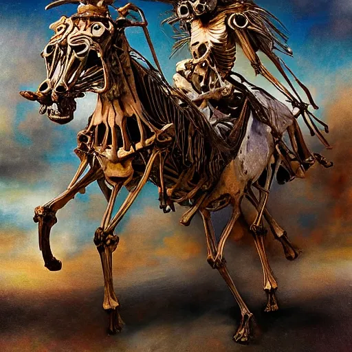 Image similar to The mixed mediart features a human figure driving a chariot. The figure is skeletal and frail, with a large head and eyes. The chariot is pulled by two animals, which are also skeletal and frail. slow shutter speed by Alex Ross rich