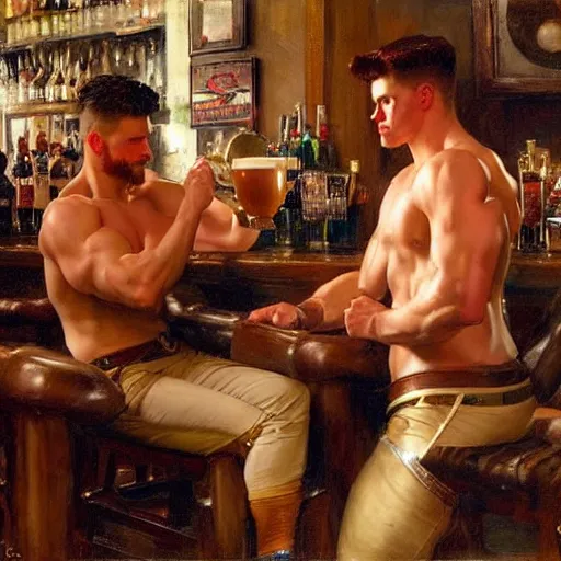 Image similar to drinking their hearts out, in a pub. pants, attractive muscular male with red hair and attractive muscular male with black hair. very defined and highly detailed painting by j. c. leyendecker, gaston bussiere, craig mullins 8 k