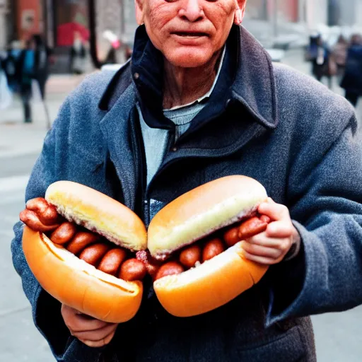 Image similar to closeup portrait of a man in hustle coat selling hotdogs from his jacket in a smoky new york back street, by Annie Leibovitz and Steve McCurry, natural light, detailed face, CANON Eos C300, ƒ1.8, 35mm, 8K, medium-format print