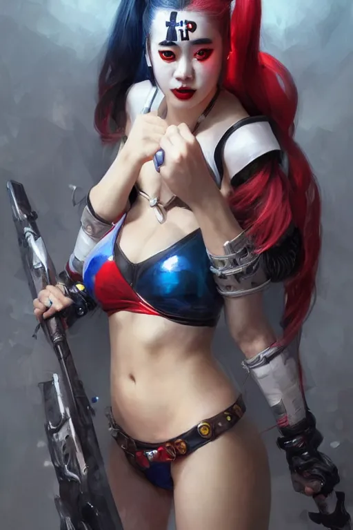 Prompt: portrait of korean Harley Quinn in bikini armor, dc comics, cyberpunk, Warhammer 40000, dark fantasy, digital art from artstation by Ruan Jia and Mandy Jurgens and Artgerm and william-adolphe bouguereau