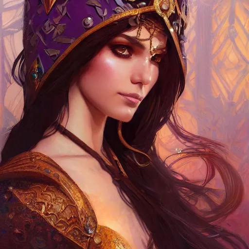 Prompt: persian princess, D&D, painted fantasy character portrait, highly detailed, digital painting, artstation, concept art, sharp focus, illustration, art by artgerm and greg rutkowski and alphonse mucha