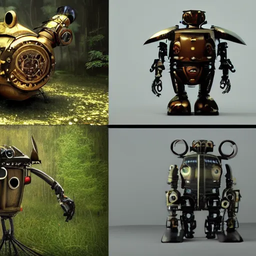 Image similar to steampunk robots that are also insects, trending on artstation, octane render, in a forest, photorealistic