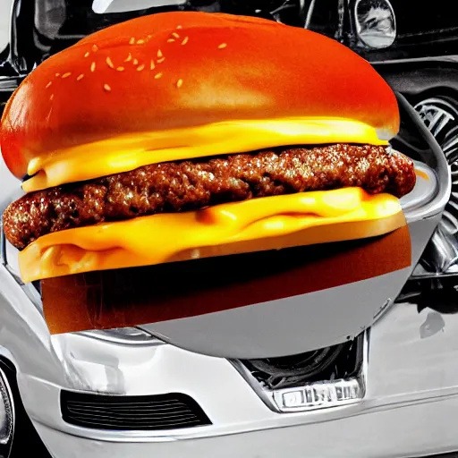 Image similar to a cheeseburger car automobile with burger wheels and melted cheese over the windshield, highly detailed stage photography of food