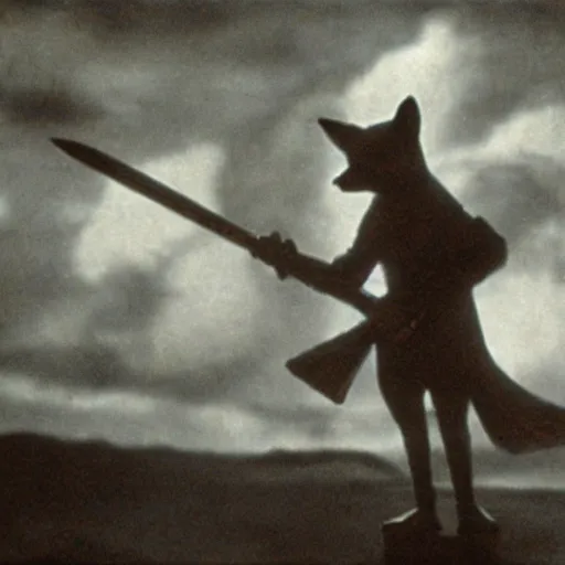 Image similar to anthropomorphic fox who is a medieval knight holding a sword towards a stormy thundercloud, 1930s film still