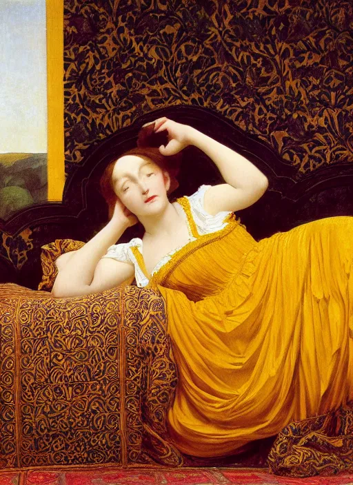 Image similar to masterpiece portrait of lady reclining on bed wearing yellow ochre ornate medieval dress, vertical, foreshortening, colour photography by frederic leighton, william morris, 8 k