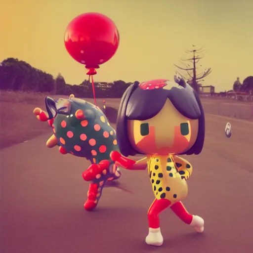 Prompt: yayoi kusama being chased by a ballon dog, nendroid, art by wgreg rutkowski. during golden hour. extremely silly.