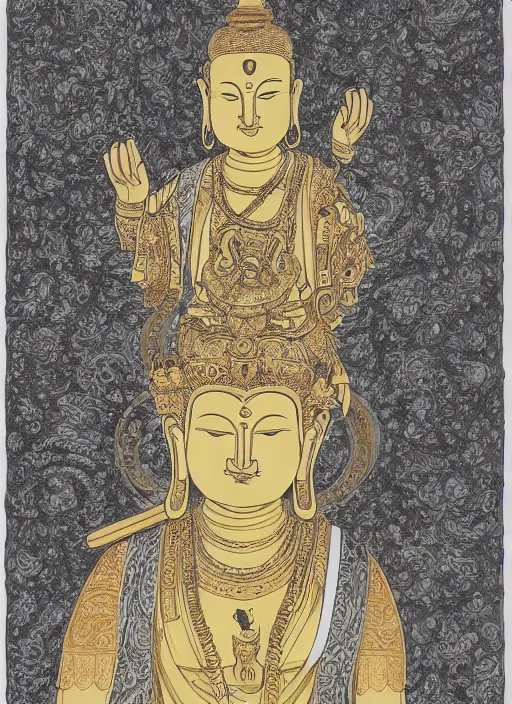 Image similar to detailed pen and ink illustration of a Buddhist bodhisattva with a bears head, anthropomorphic, seated in royal ease, 0.2 black micron pen on white paper, gilded gold halo behind head, highly detailed, fine pen work, white background, in the style of Olivia Kemp