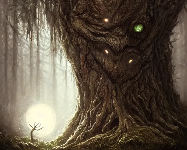 Image similar to a talking oak tree, huge face in the bark, eyes in the bark, mouth in the bark, horror concept art, sharp teeth, digital painting, oil painting, hyperrealistic, treebeard, ent, undead, fantasy monster, moonlight, in the forest, by greg rutkowski