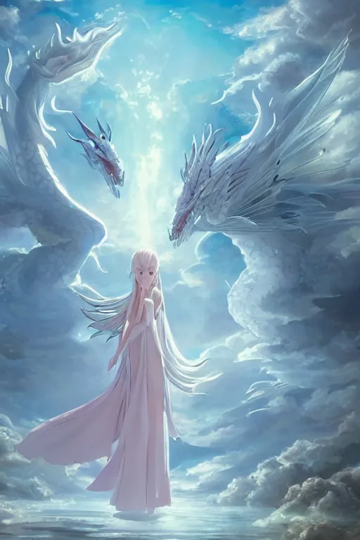 Image similar to beautiful scene render that a princess rely on a huge silver white dragon back, finely detailed angelic face delicate features, facial symmetry, in the fairyland surrounded by white clouds, perfectly shaded, atmospheric lighting, style of makoto shinkai and peter mohrbacher, studio ghibli. artgerm, beeple, animation style, 4 k hd, hyper detailed