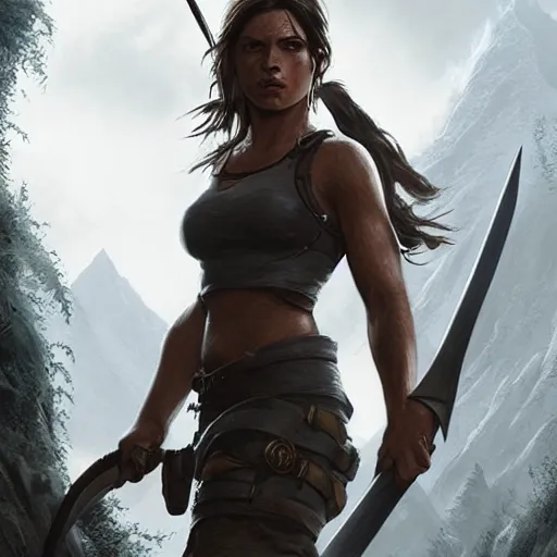 Image similar to lara croft in lord of the rings, hyper detailed character design, greg rutkowski, wlop, artgerm, masterwork, artstation trending, 8 k